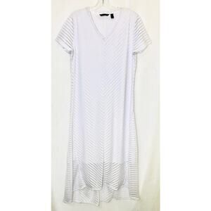 H by Halston white striped sheer & lined short sleeve hi-low dress women's small